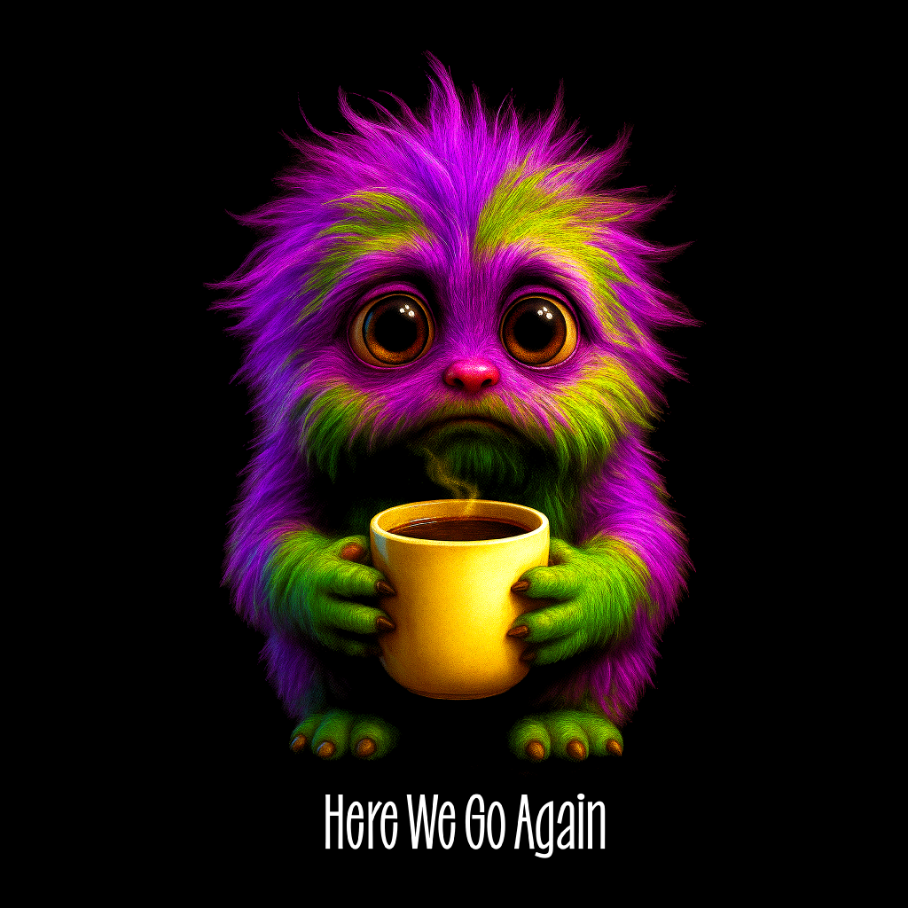 Colorful creature holding a cup with 'Here We Go Again' text on a black background