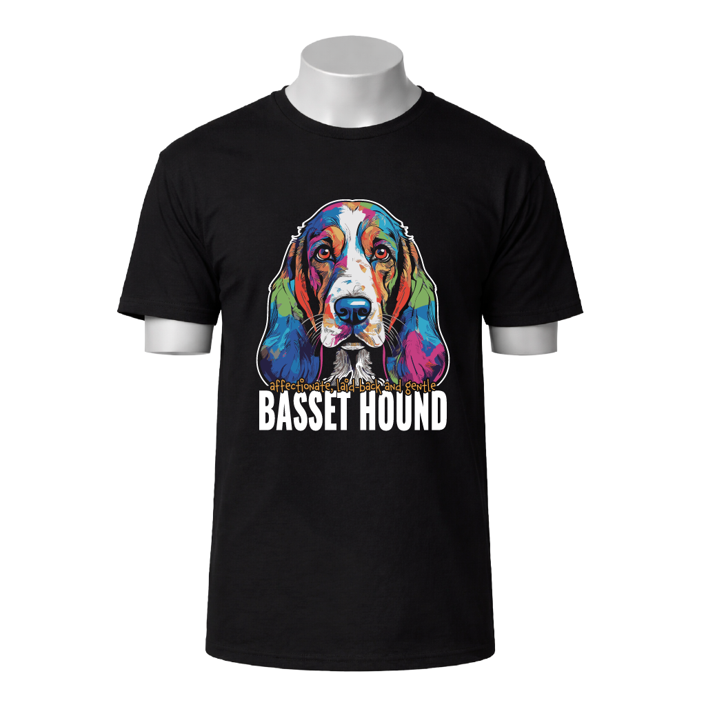 Black t-shirt with a colorful Basset Hound graphic and text on a white background