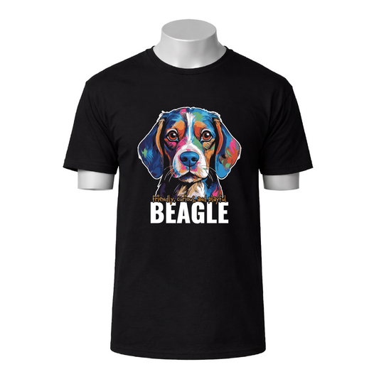 Black t-shirt with a colorful beagle graphic and 'BEAGLE' text on a white background
