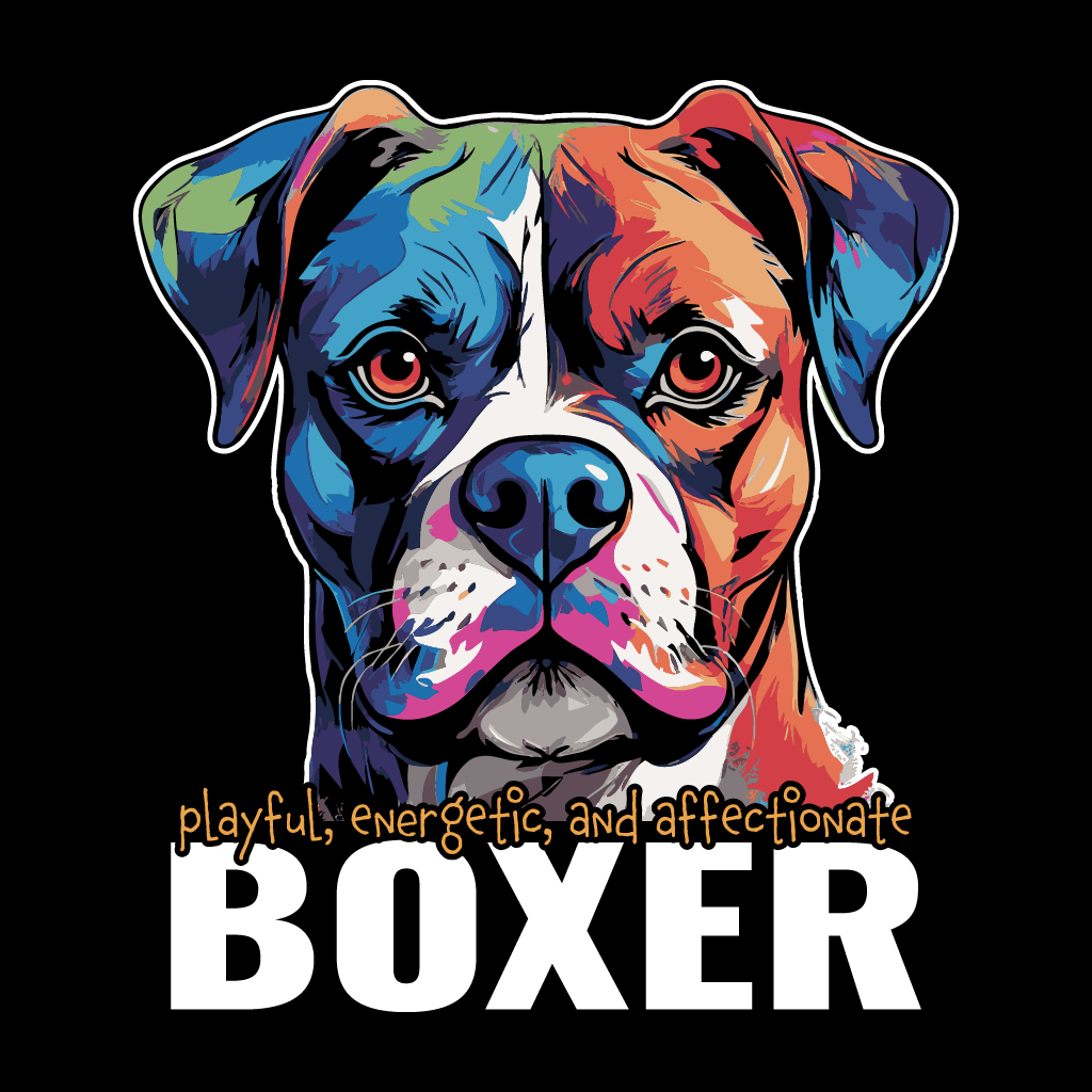 Colorful illustration of a boxer dog with descriptive text on a black background