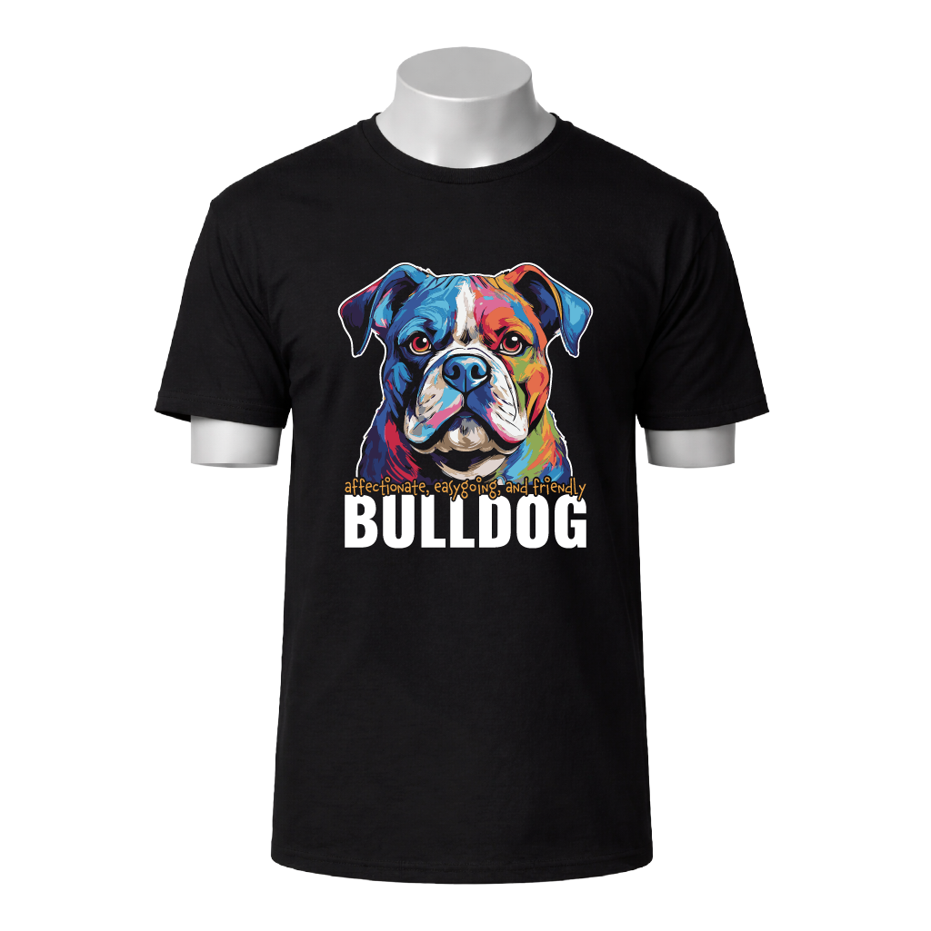 Black t-shirt with a colorful bulldog graphic and text on a white background