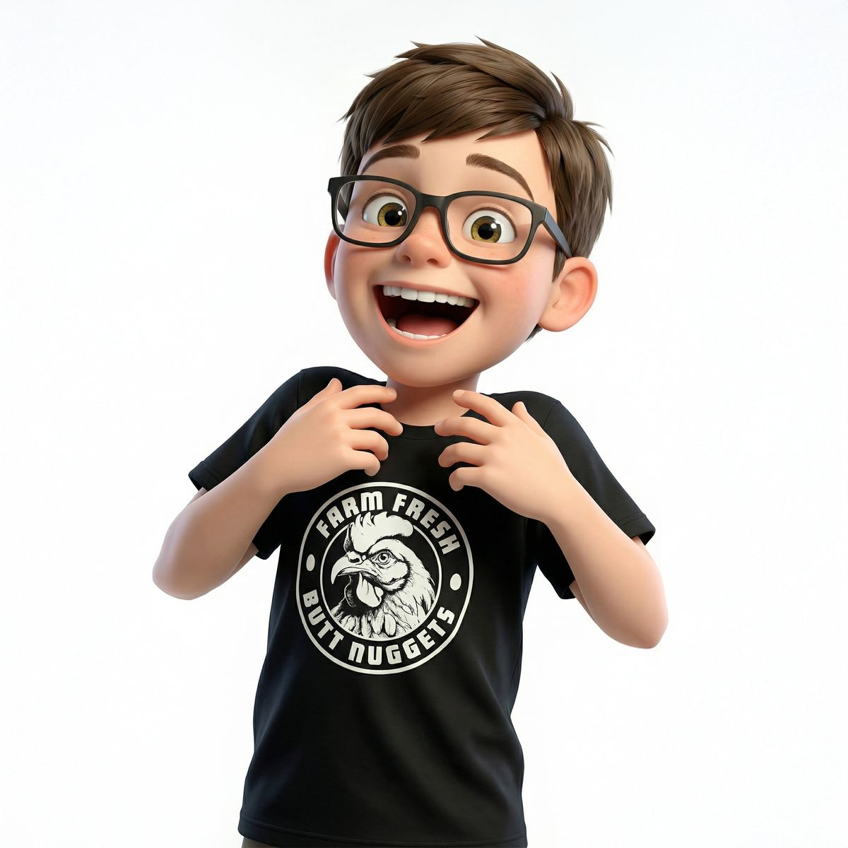 Child wearing a black t-shirt with a graphic design on a white background