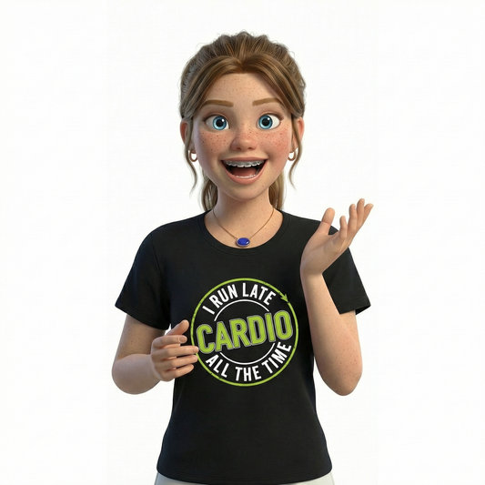 Animated character wearing a black t-shirt with 'I Run Late Cardio All The Time' text on a white background