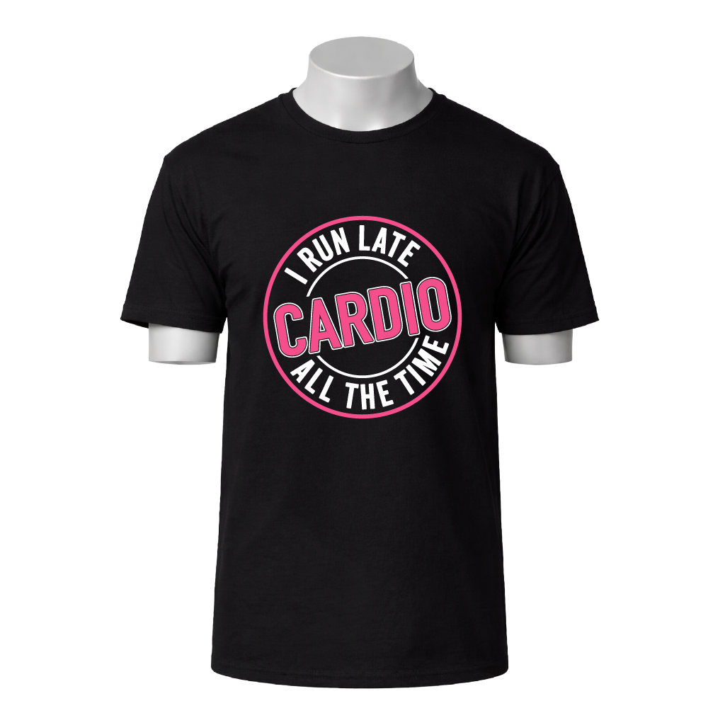 Black t-shirt with pink and white text on a white background