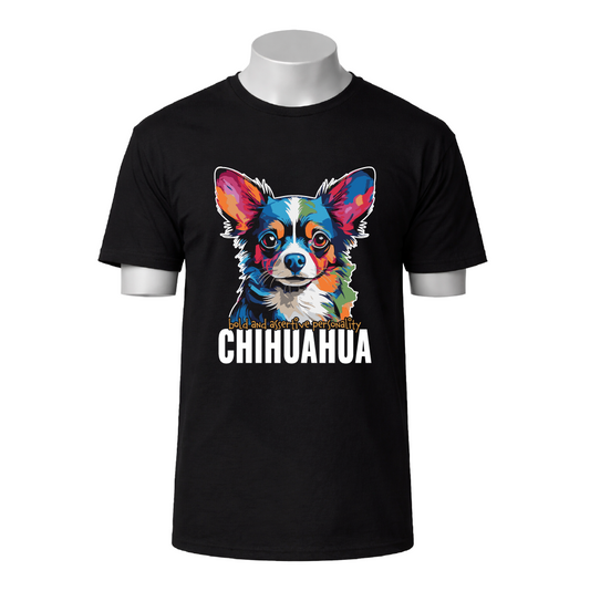 Black t-shirt with a colorful Chihuahua graphic and text on a white background