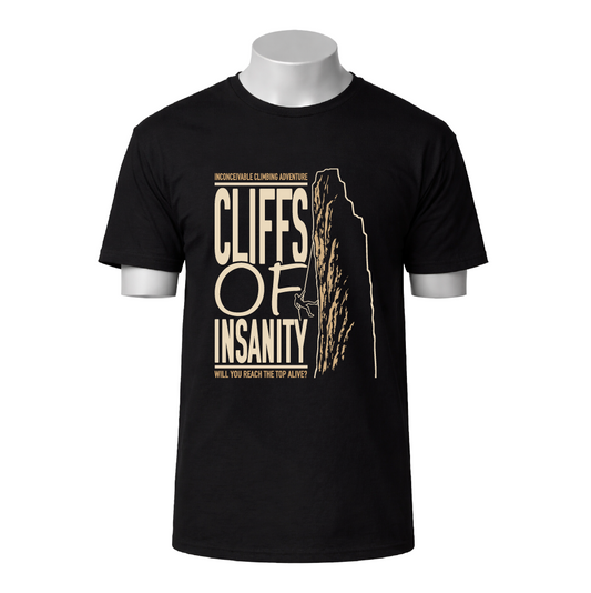 Black t-shirt with 'Cliffs of Insanity' graphic design on a white background