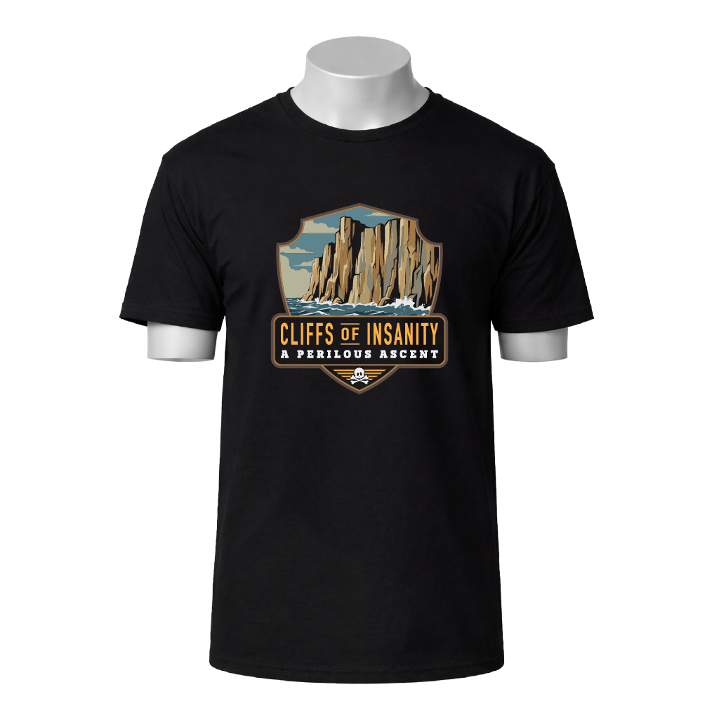 Black t-shirt with 'Cliffs of Insanity' graphic design on a white background