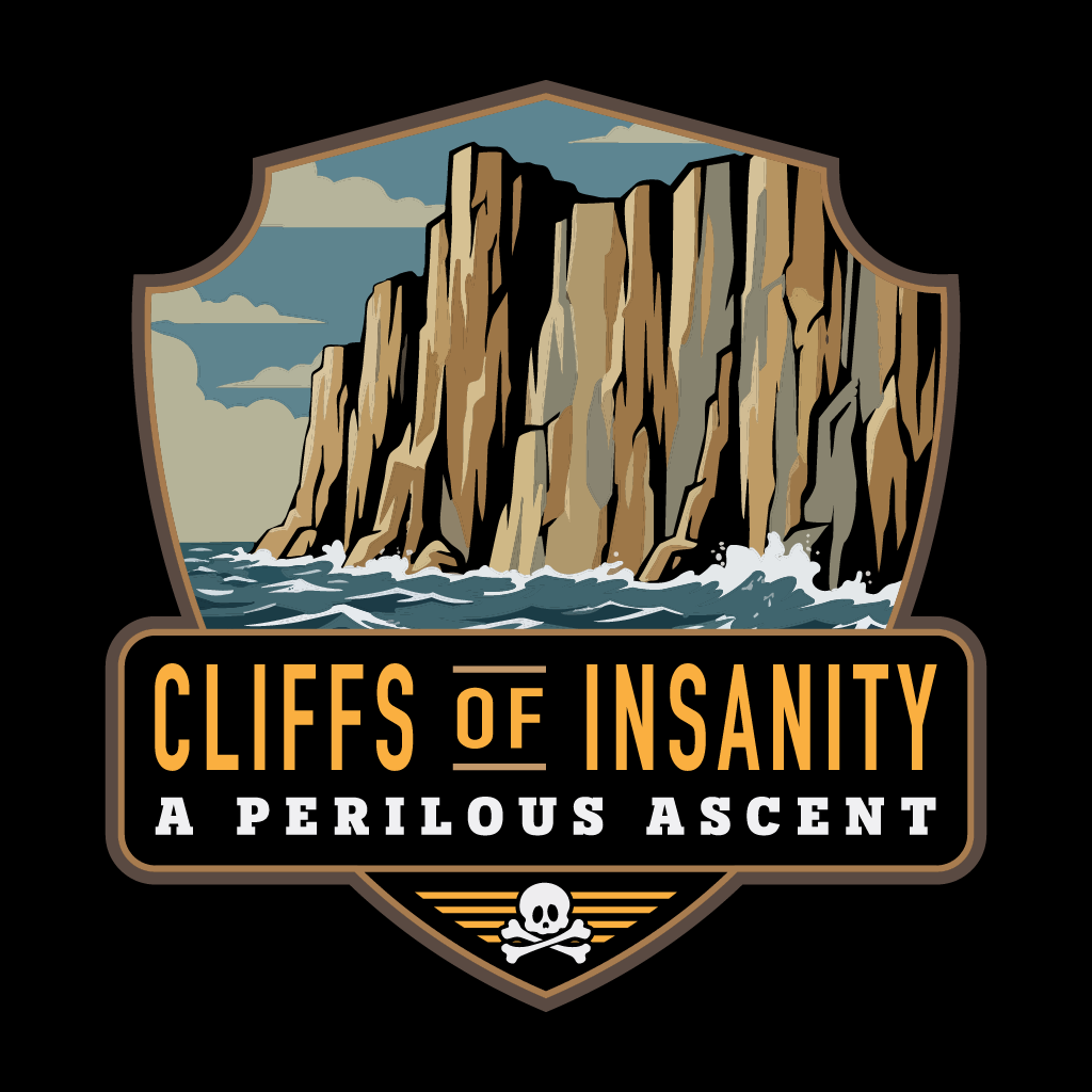 Logo of 'Cliffs of Insanity: A Perilous Ascent' with a mountainous landscape and ocean waves.
