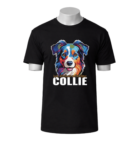 Black t-shirt with a colorful dog illustration and 'Collie' text on a white background