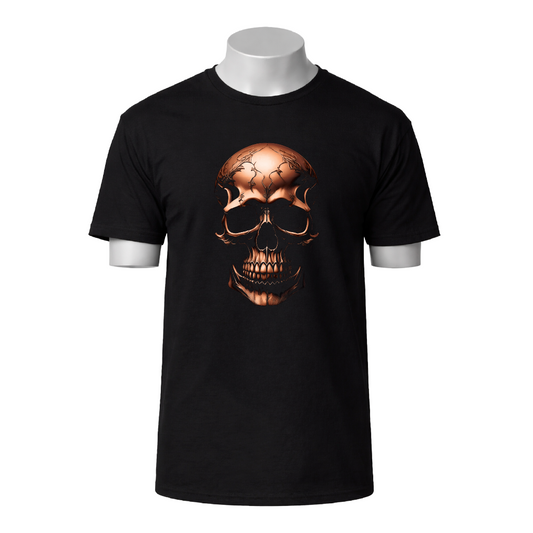 Black t-shirt with a copper skull design on a white background