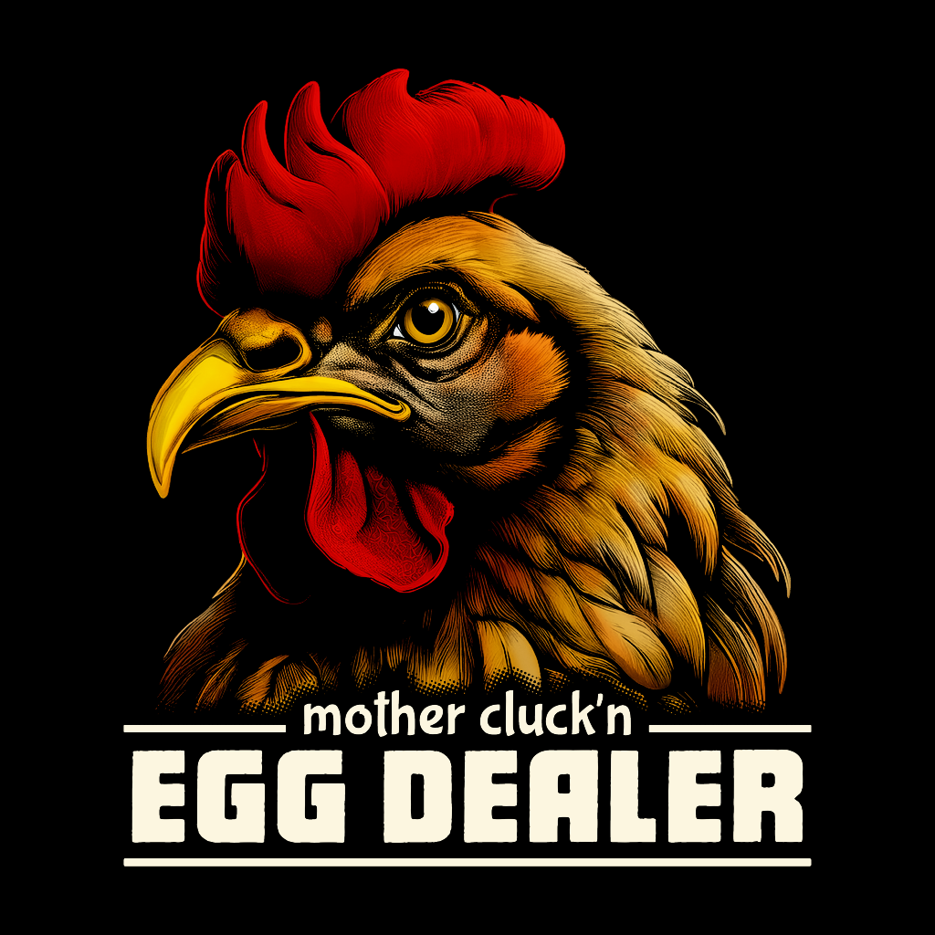 Rooster with a red comb and 'mother cluck'n EGG DEALER' text on a black background