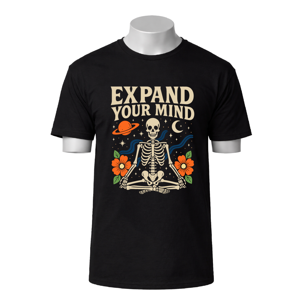 Black t-shirt with a skeleton design and 'Expand Your Mind' text on a white background