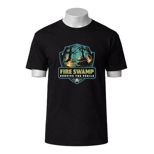 Black t-shirt with 'Fire Swamp' graphic design on a white background