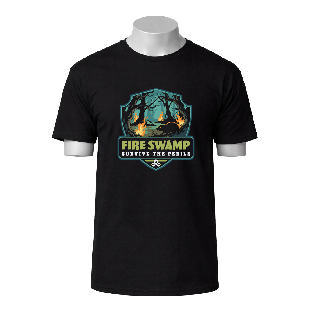 Black t-shirt with 'Fire Swamp' graphic design on a white background