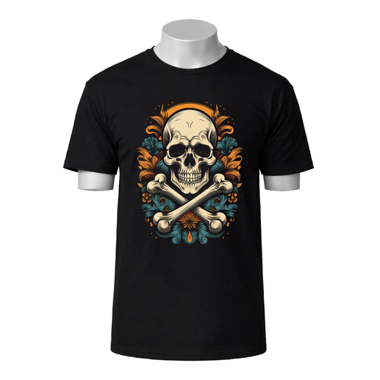 Black t-shirt with a skull and crossbones design on a white background
