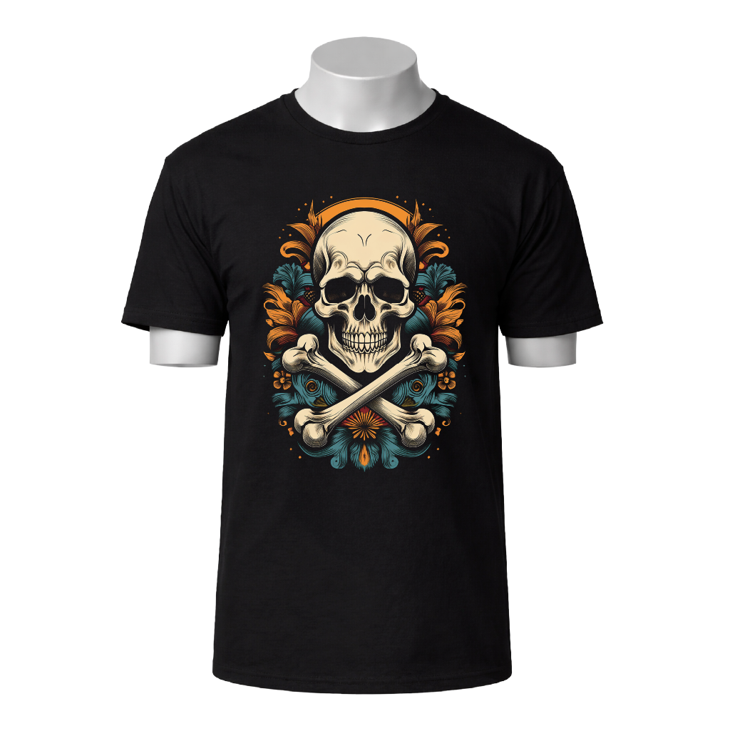 Black t-shirt with a skull and crossbones design on a white background
