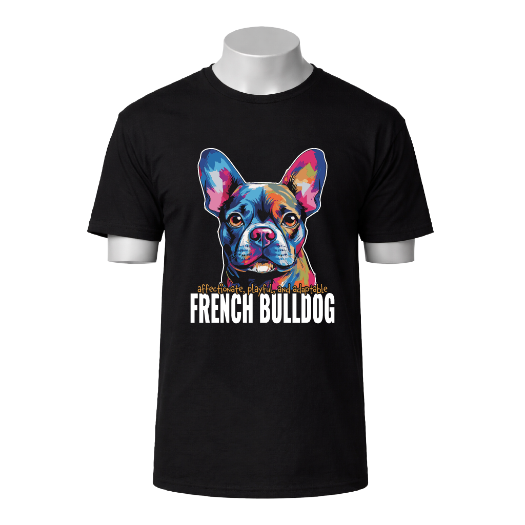 Black t-shirt with colorful French Bulldog graphic and text on a white background