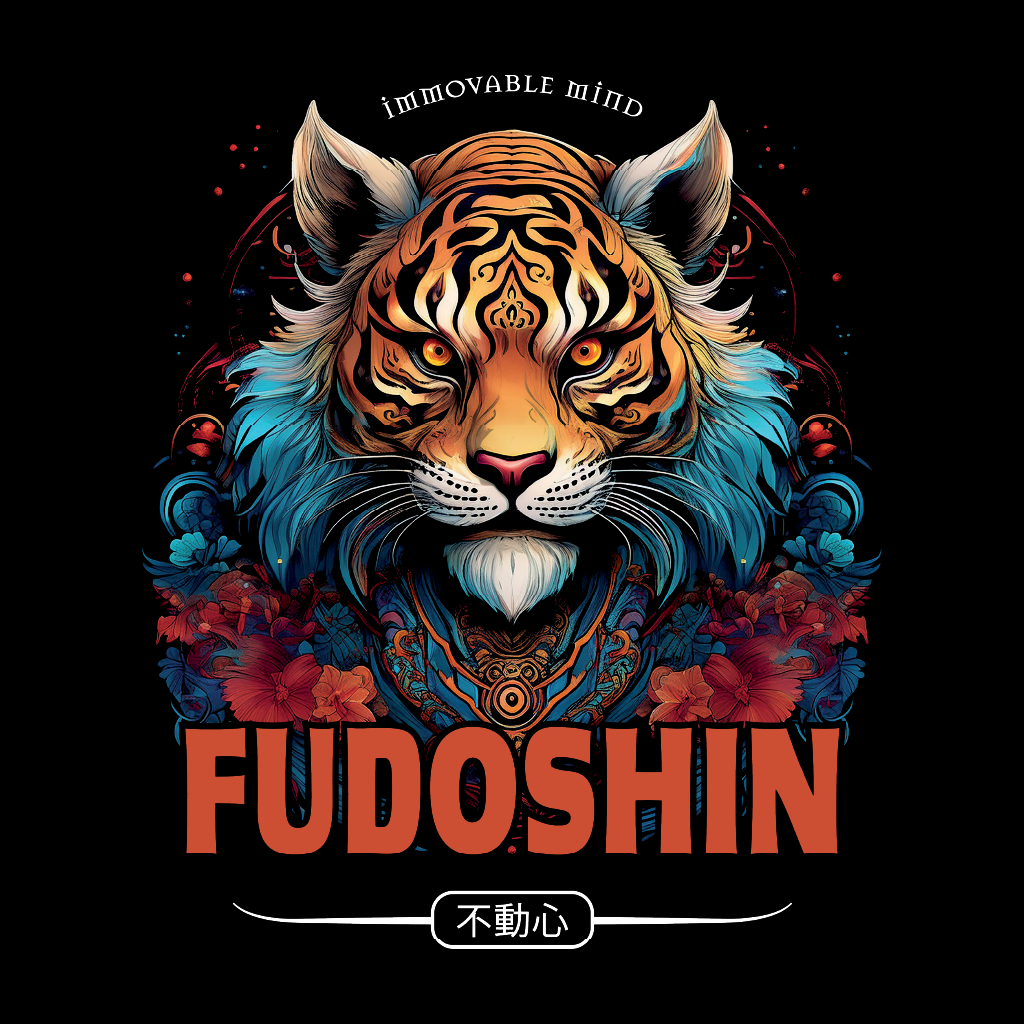 Tiger illustration with 'FUDOSHIN' text and decorative elements on a black background