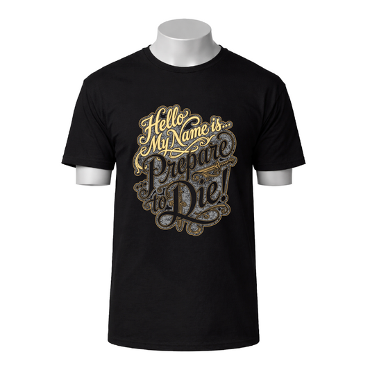 Black t-shirt with gold and white text design on a white background