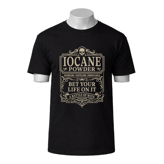 Black t-shirt with 'Iocane Powder' graphic design on a white background