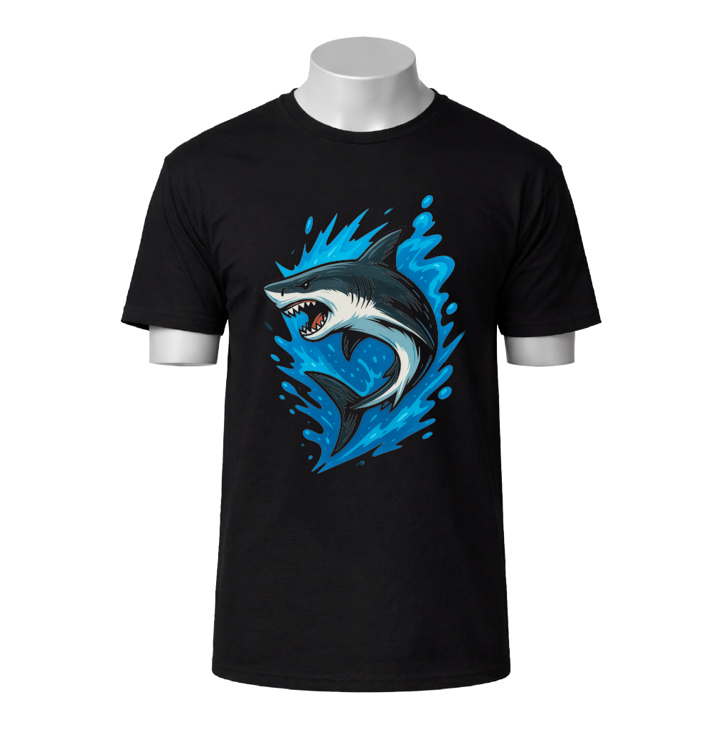 Black t-shirt with a blue shark graphic on a white background