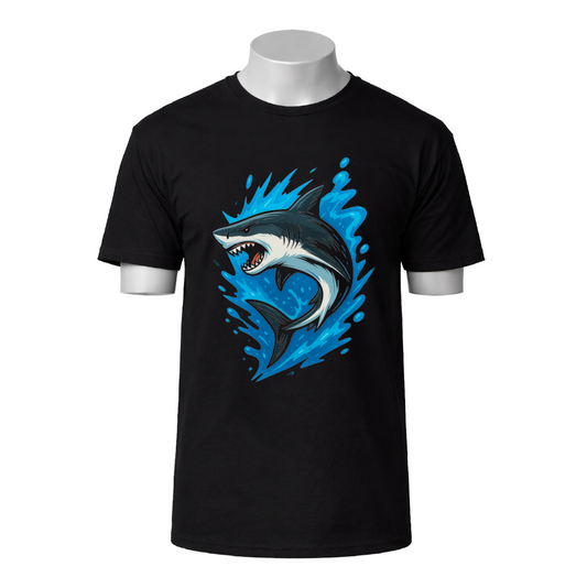 Black t-shirt with a blue shark graphic on a white background