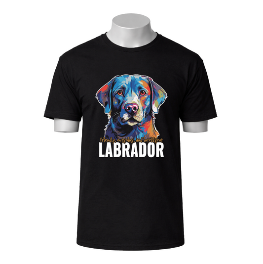 Black t-shirt with colorful Labrador graphic and text on a white background