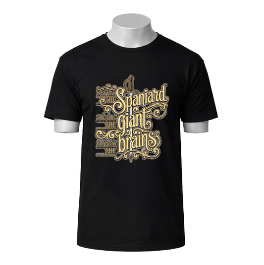 Black t-shirt with gold and white text design on a white background