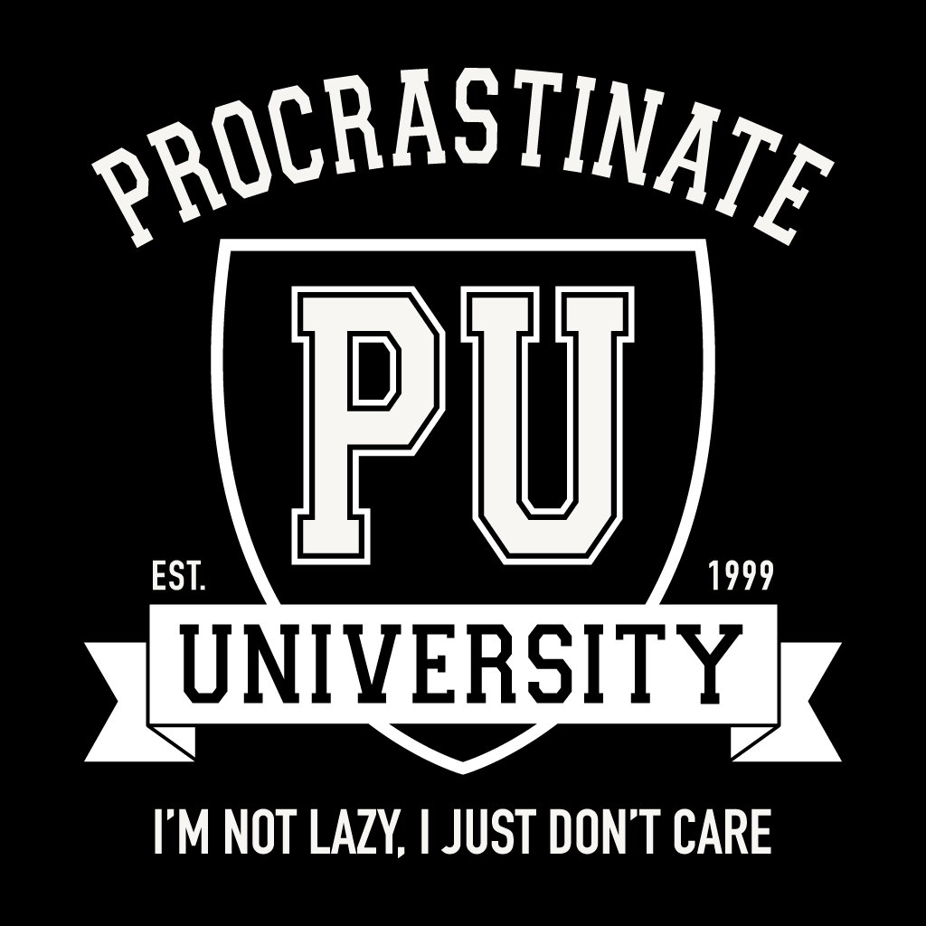 Black t-shirt with 'Procrastinate University' text and logo on a black background