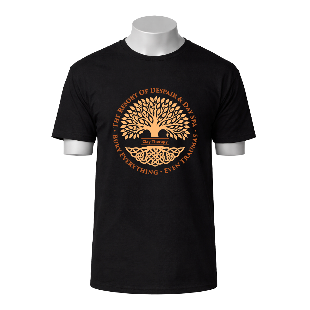 Black t-shirt with a gold tree design and text on a white background