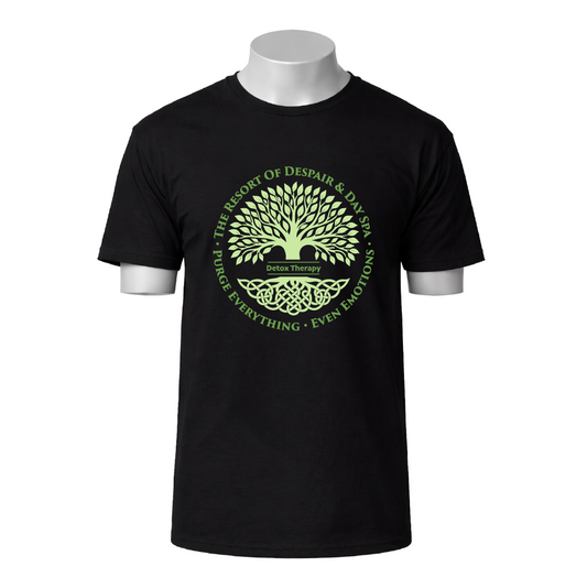 Black t-shirt with green tree design and text on a white background