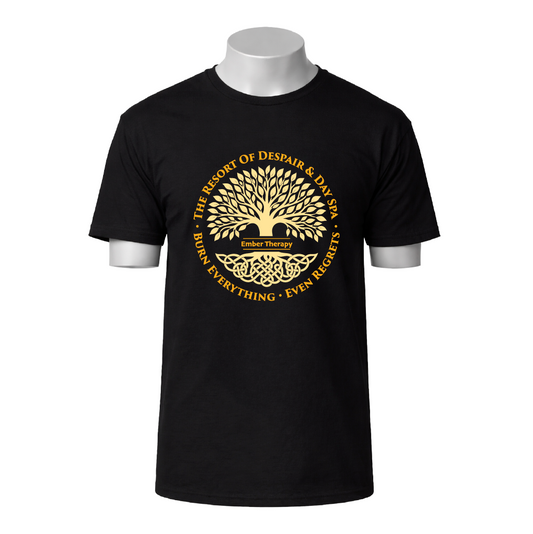 Black t-shirt with gold tree design and text on a white background