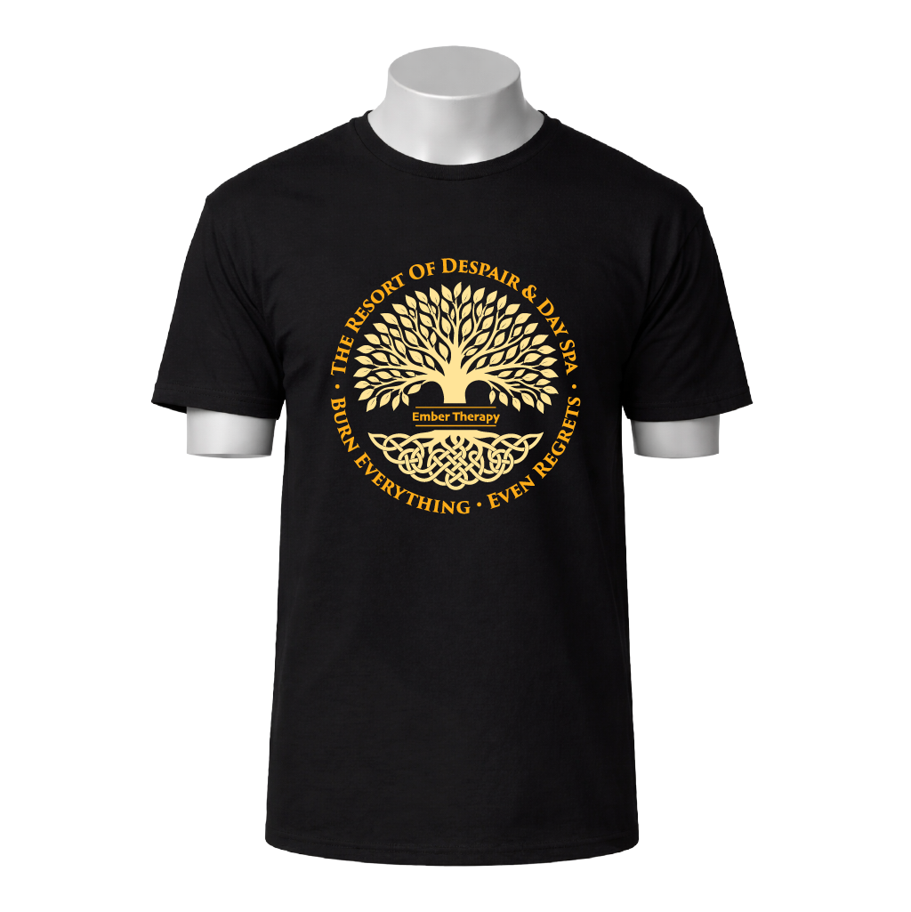 Black t-shirt with gold tree design and text on a white background