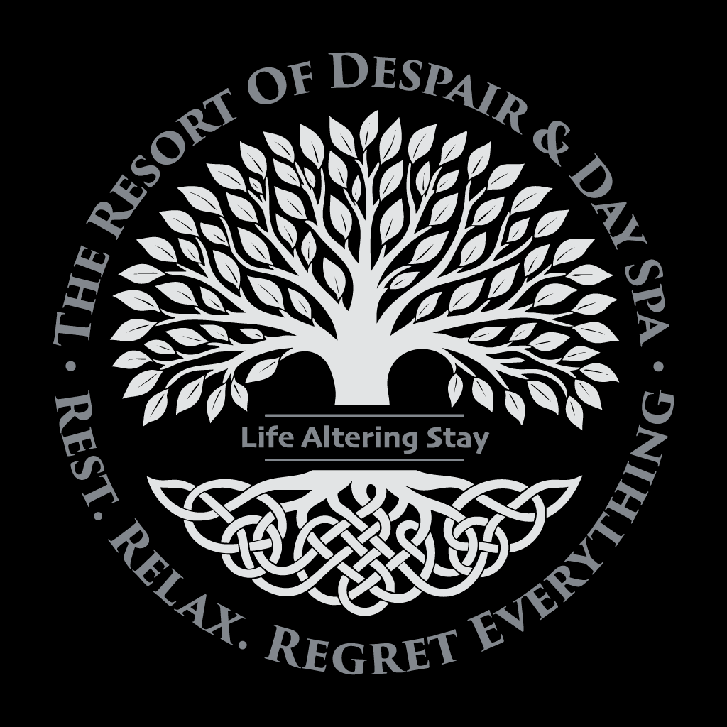 Logo with a tree design and text on a black background