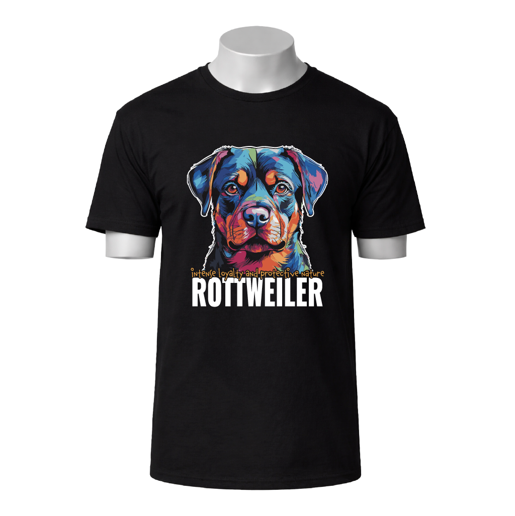 Black t-shirt with a colorful Rottweiler graphic and text on a white background