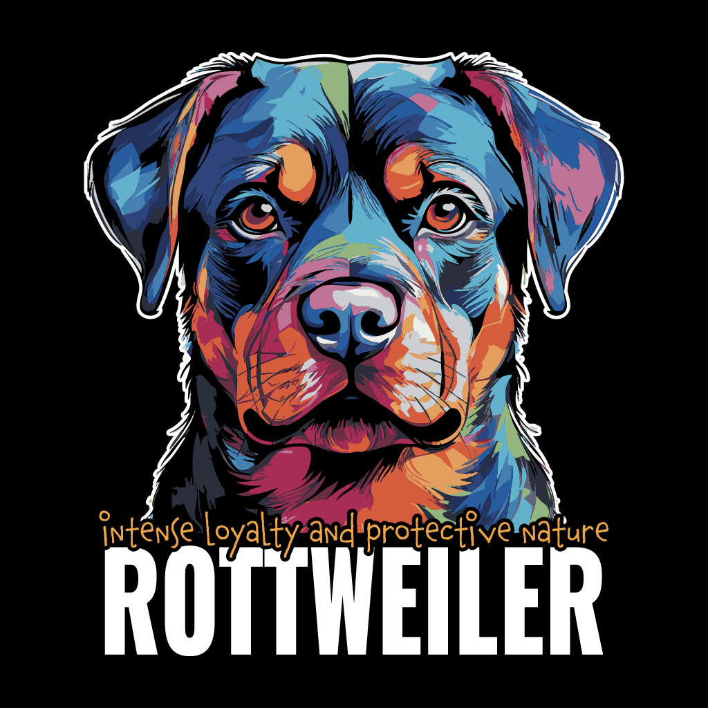 Colorful Rottweiler illustration with text on a black background