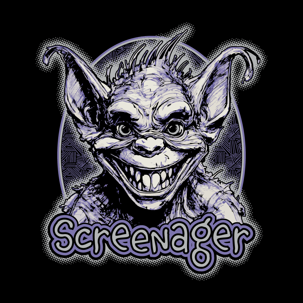 Illustration of a gargoyle-like creature with 'Screenager' text on a black background