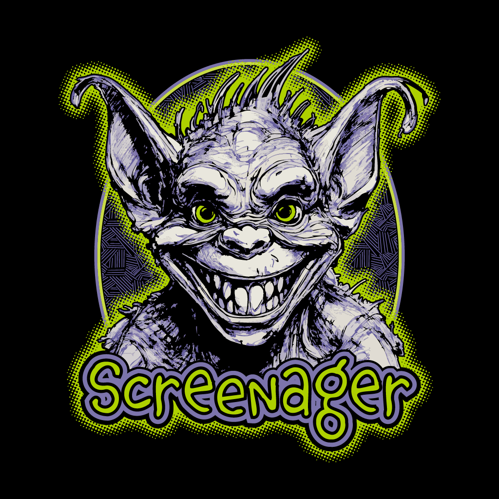 Goblin-like creature with 'Screenerger' text on a black background