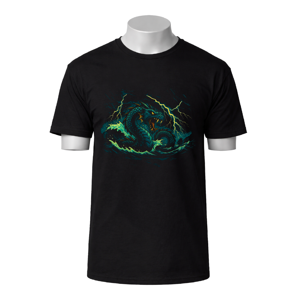 Black t-shirt with a dragon graphic design on a white background