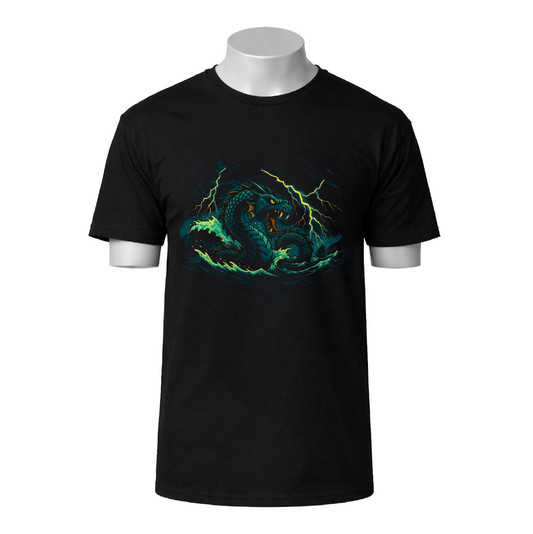 Black t-shirt with a dragon graphic design on a white background