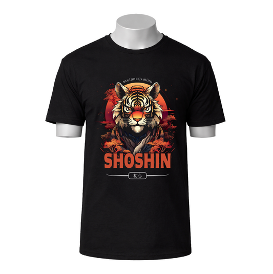 Black t-shirt with a tiger graphic and 'SHOSHIN' text on a white background