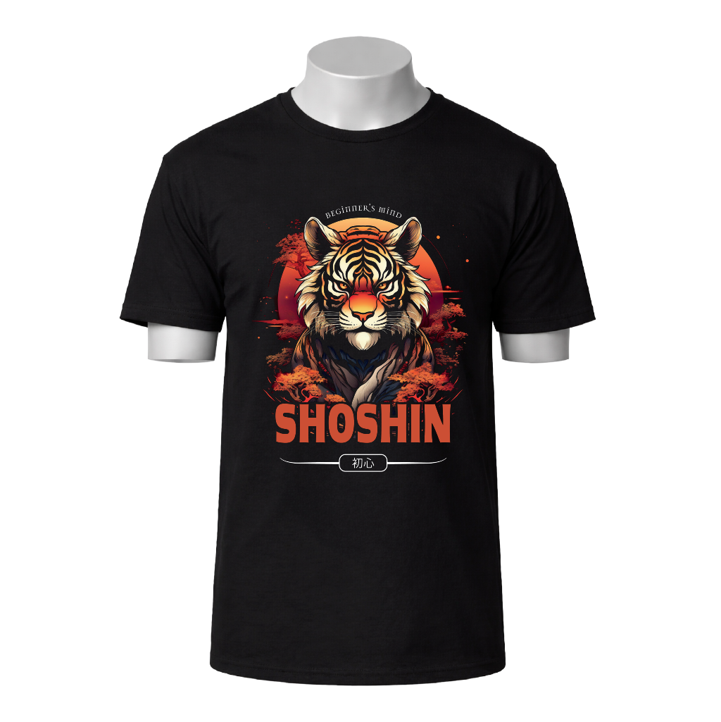 Black t-shirt with a tiger graphic and 'SHOSHIN' text on a white background