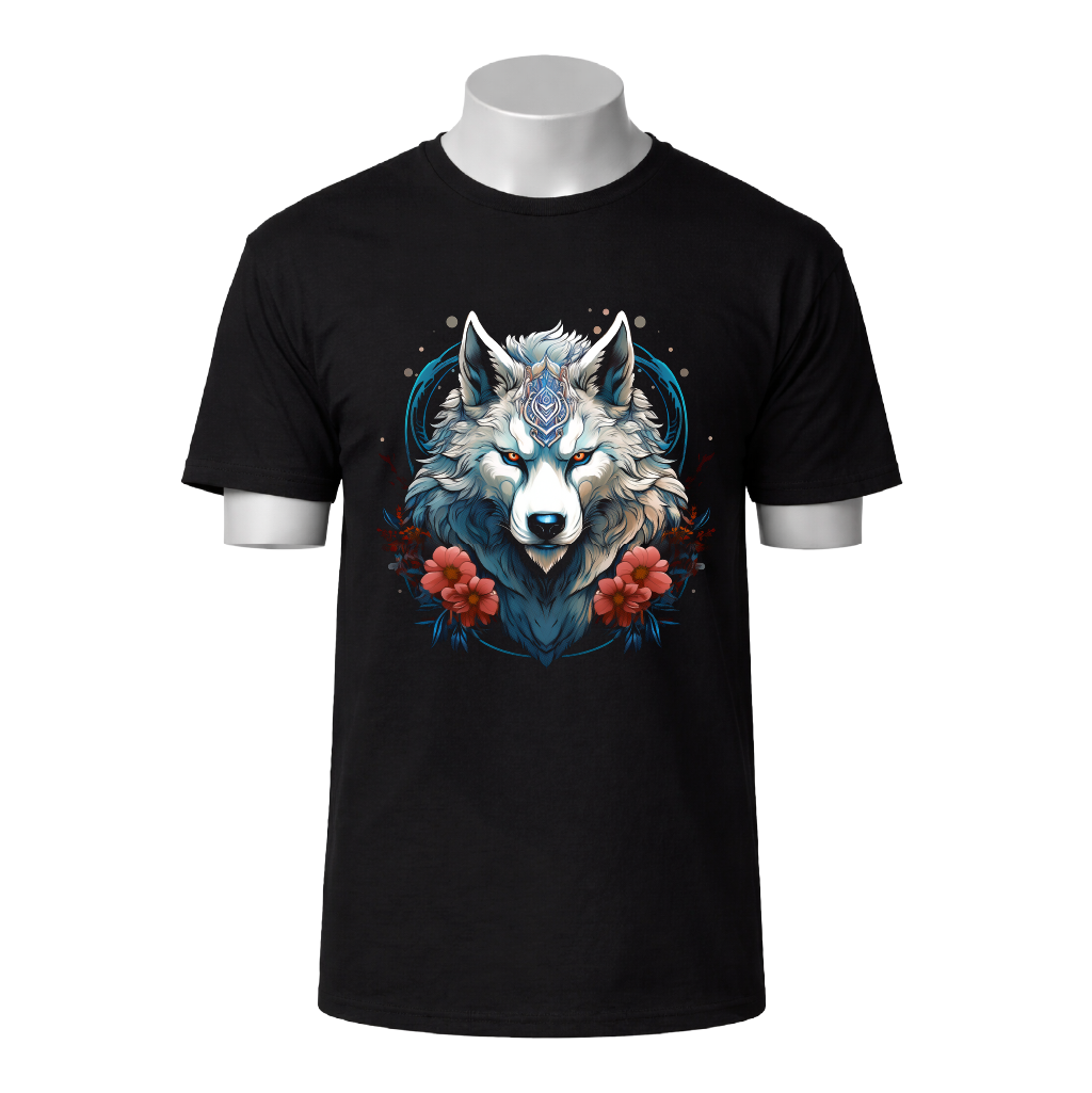 Black t-shirt with a wolf graphic design on a white background