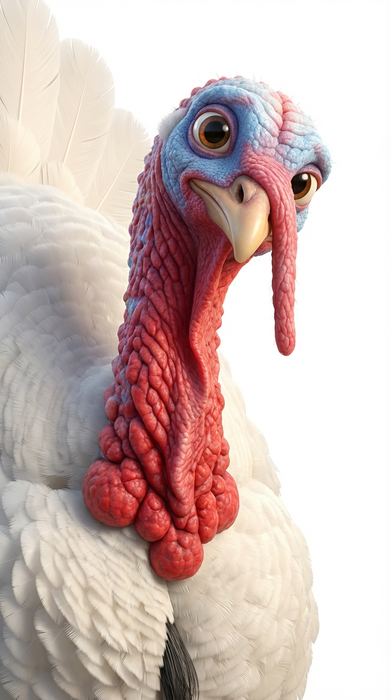 Close-up of a turkey with a prominent red comb on a white background
