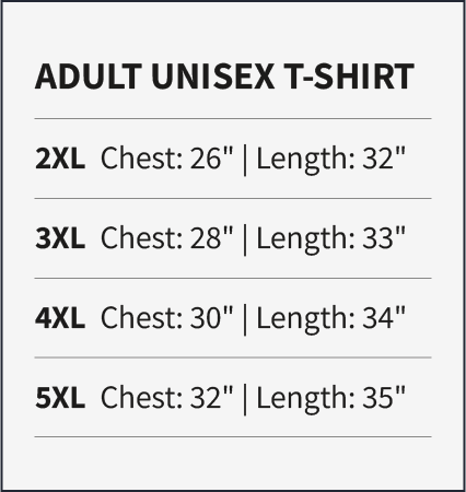 Size chart for adult unisex t-shirts with chest and length measurements.