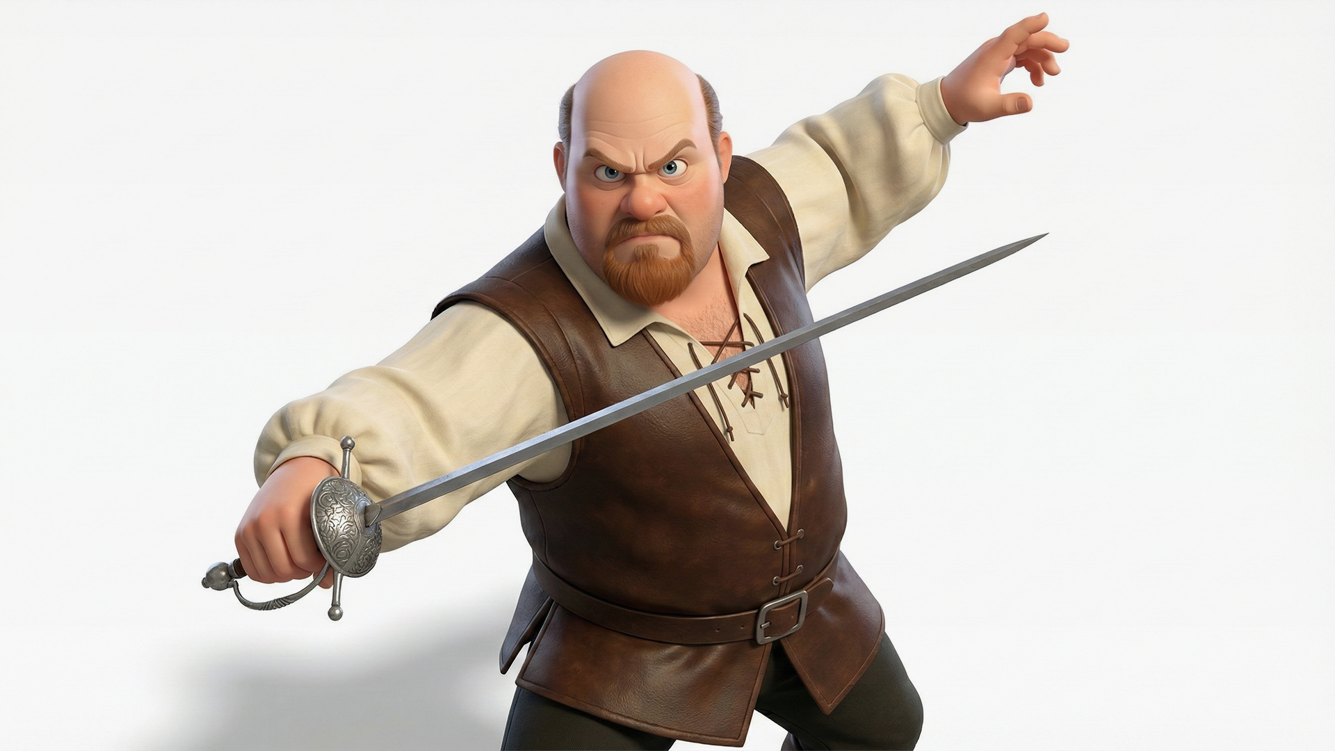 Animated character in medieval attire holding a sword on a white background