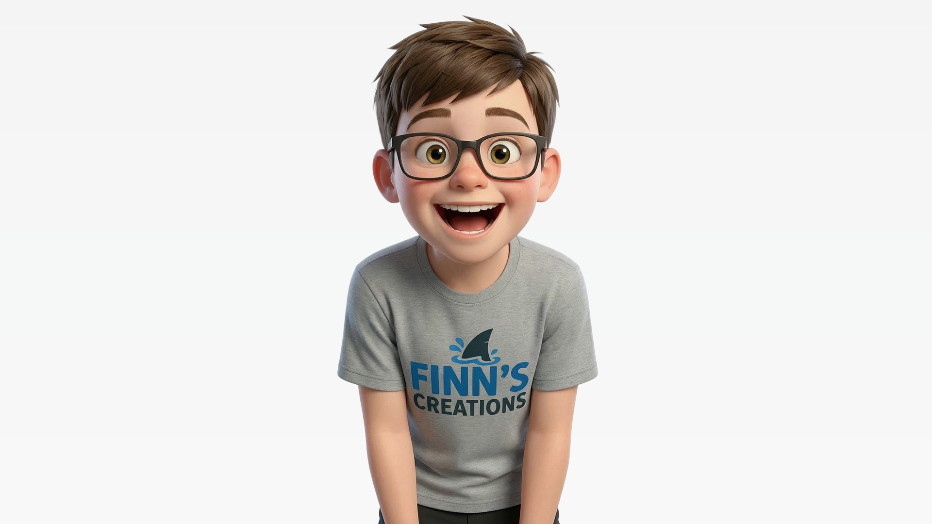 Child wearing a gray t-shirt with 'FINN'S CREATIONS' on a white background