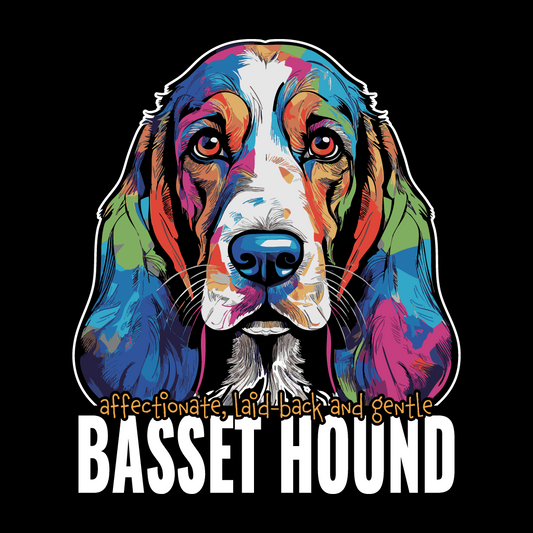 Colorful illustration of a basset hound with text on a black background