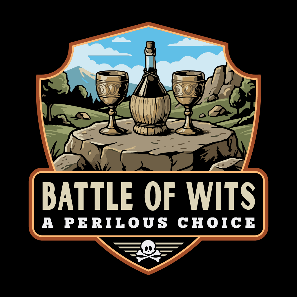 Logo for 'Battle of Wits: A Perilous Choice' with bottles and goblets on a stone surface.