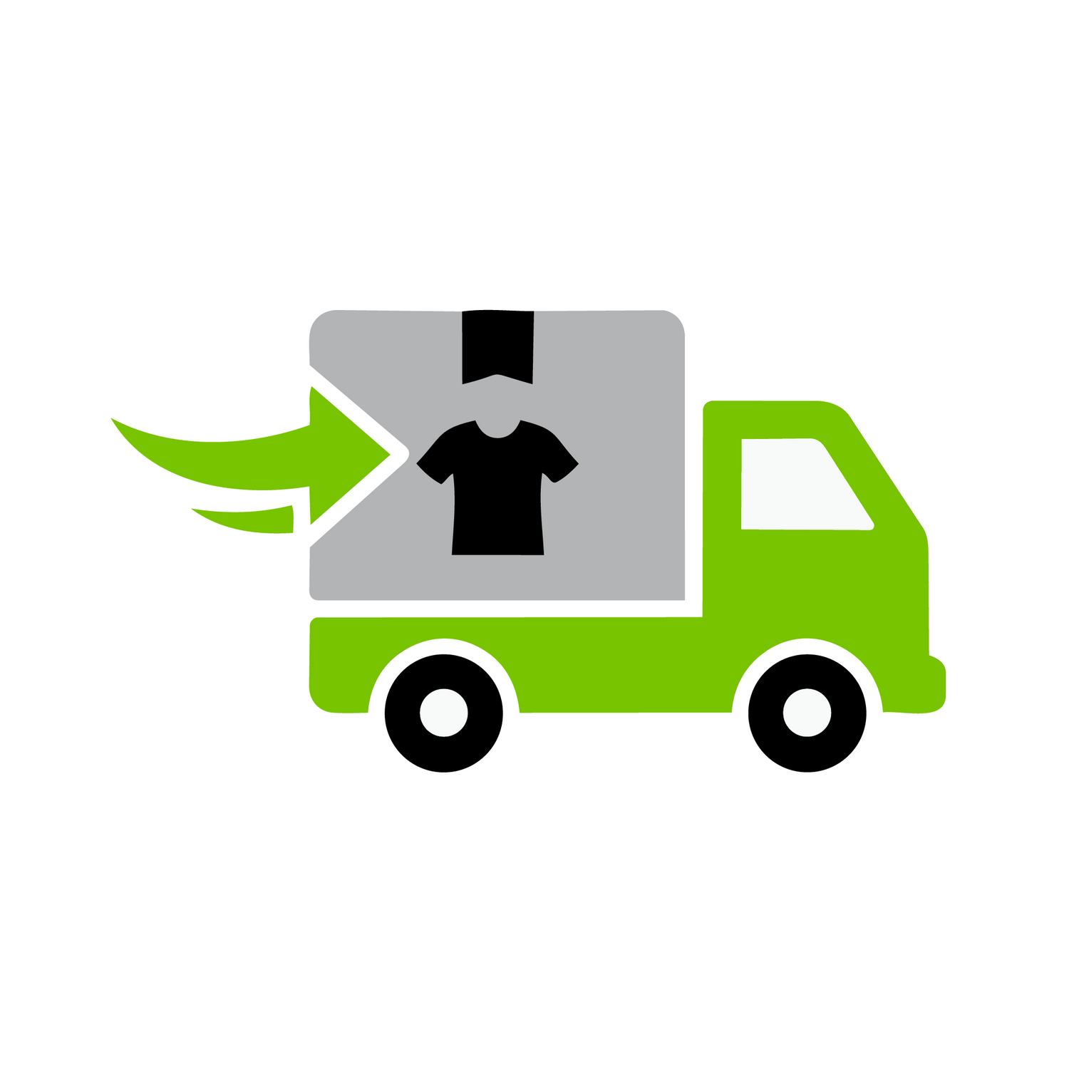 Icon of a green delivery truck with a gray box containing a black t-shirt on a white background